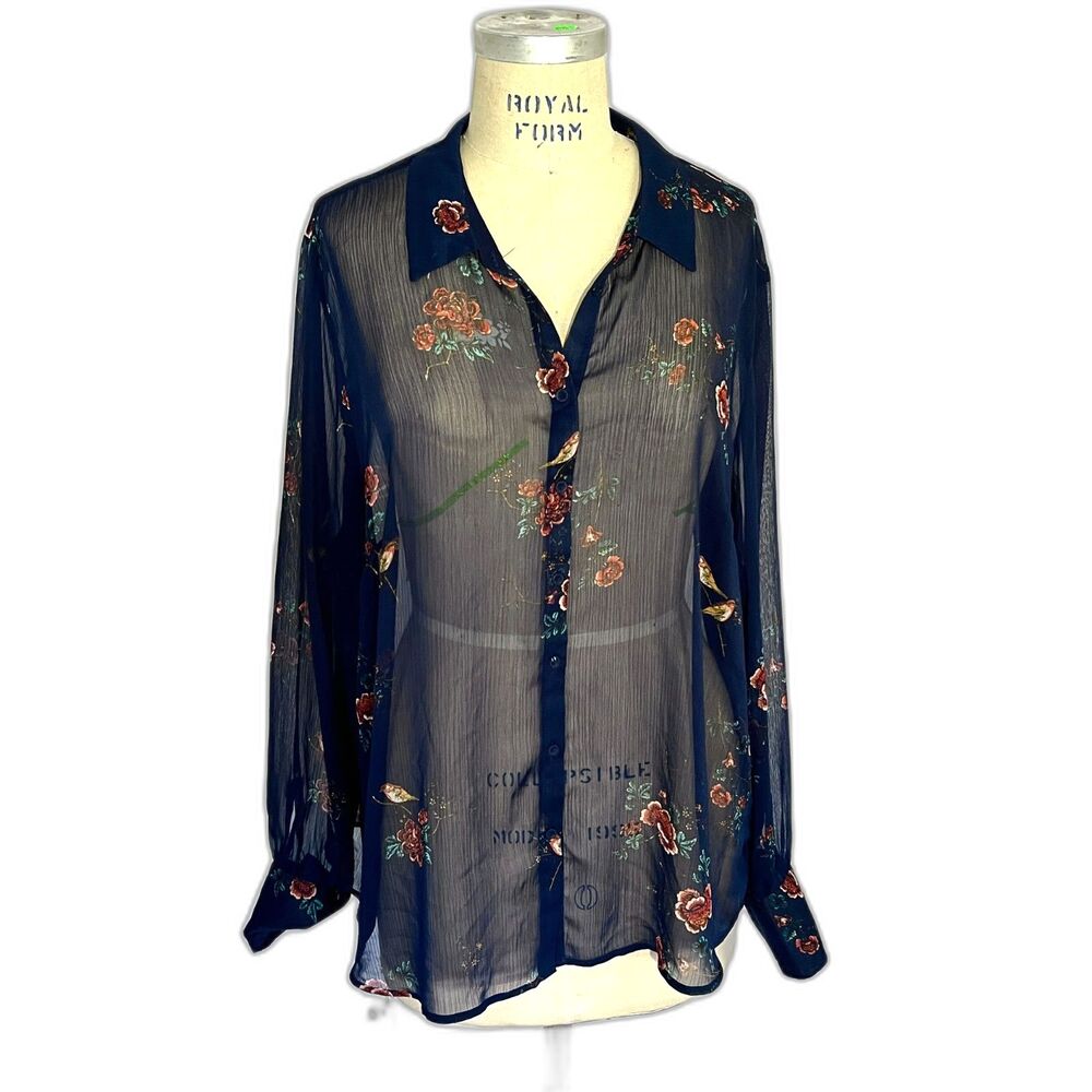 Nordstrom Rack DR2 Print Crepe Navy Floral Shirt Sz XL